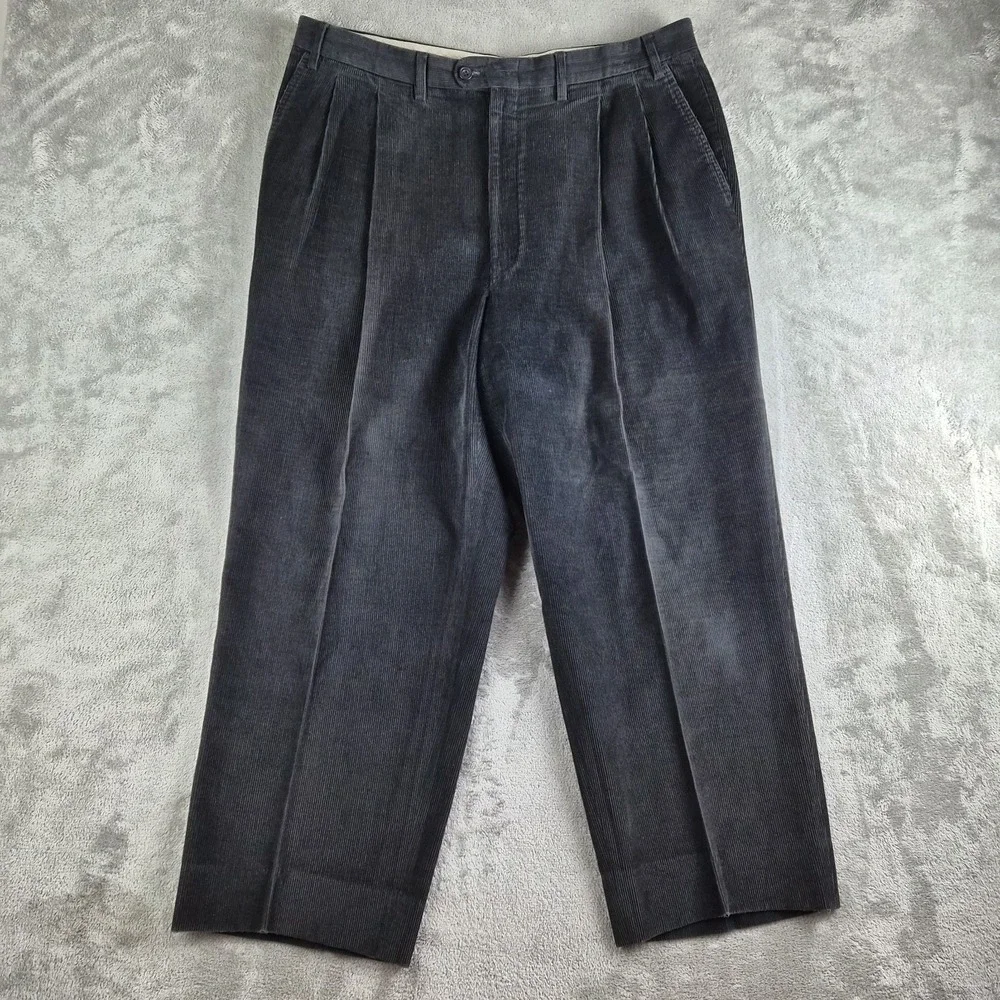 Canali Sport Pants Mens Black Corduroy Pleated Baggy Cuffed Hem Made In Italy